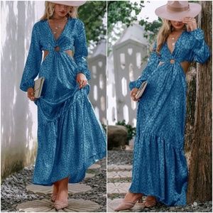Dusty Blue leopard Cut out Ruffle Lantern Sleeve Maxi Dress Party